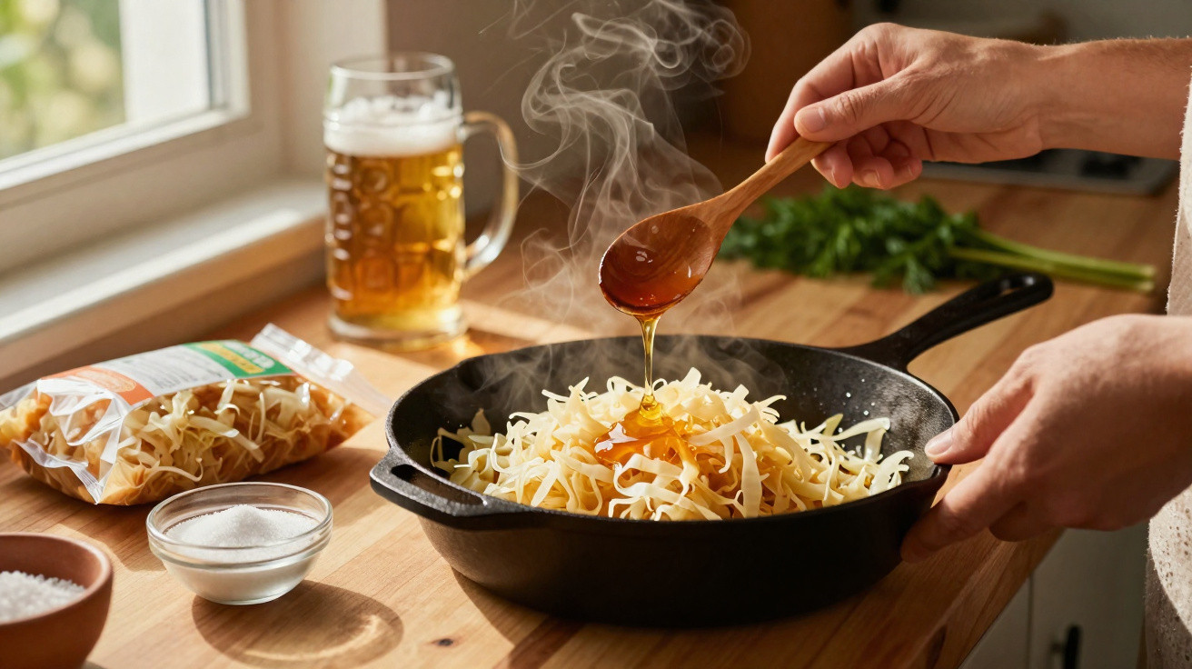 Mãos a deitar mel sobre massa numa frigideira, com copo de cerveja e ingredientes na bancada de madeira.