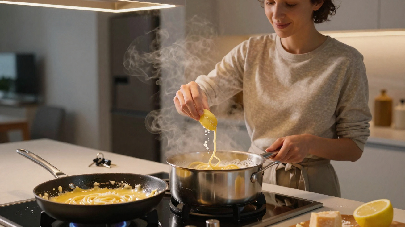 Mulher a cozinhar massa num tacho com vapor enquanto adiciona queijo ralado na cozinha moderna.