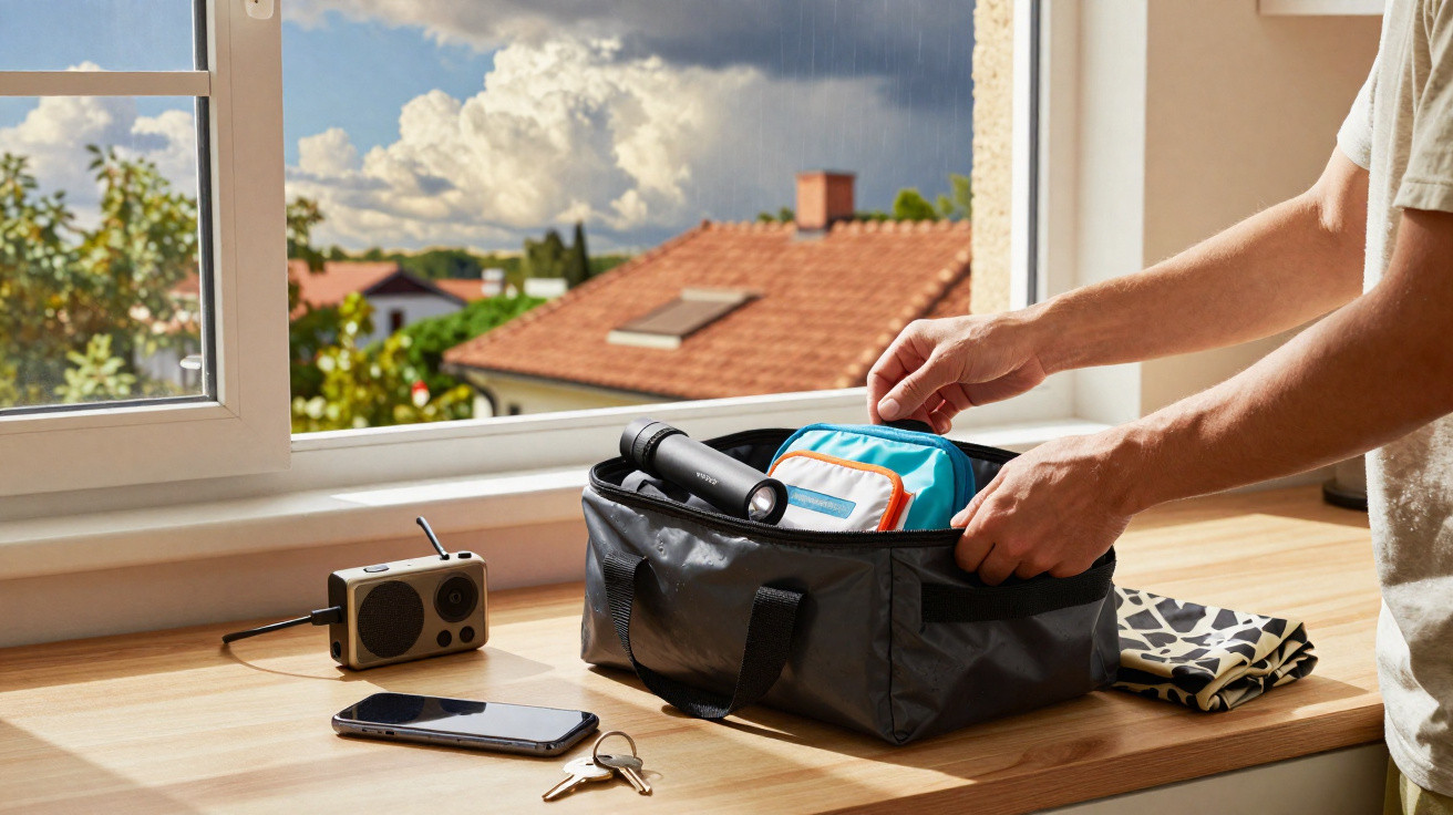 Pessoa a fazer uma mochila com kit de emergência próximo a janela, rádio, telemóvel e chaves sobre a mesa.