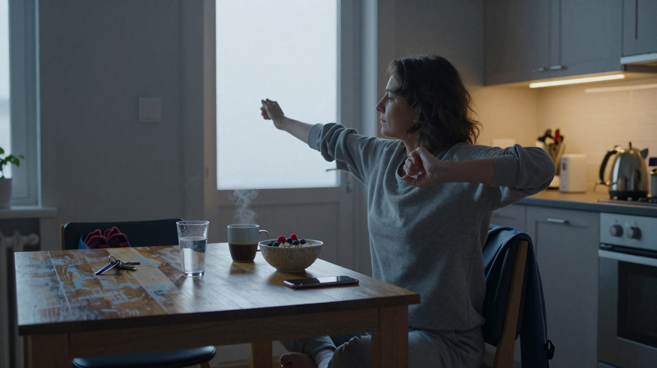 Mulher a espreguiçar-se sentada numa cozinha moderna com mesa de madeira e pequeno-almoço à frente.