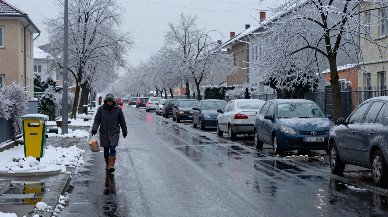Rua residencial com árvores cobertas de neve, carros estacionados e pessoa a andar de casaco e capuz.