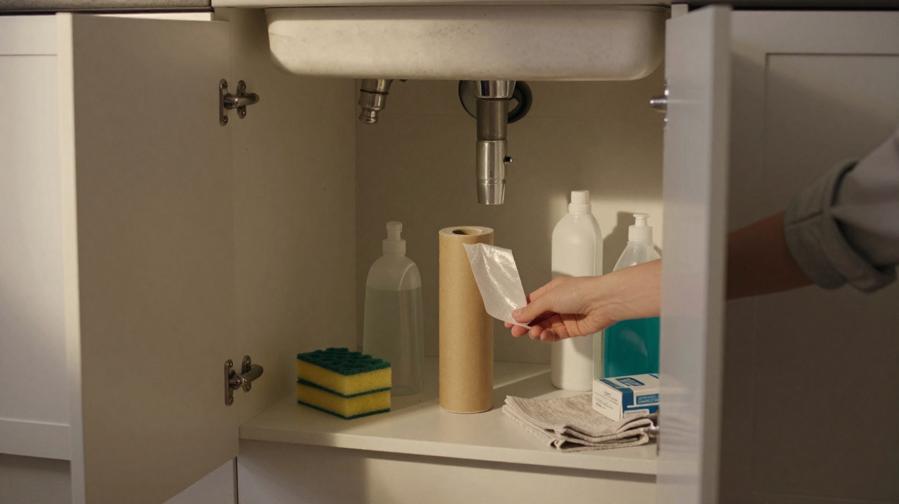 Interior de armário de casa de banho com produtos de limpeza e uma mão a pegar papel.