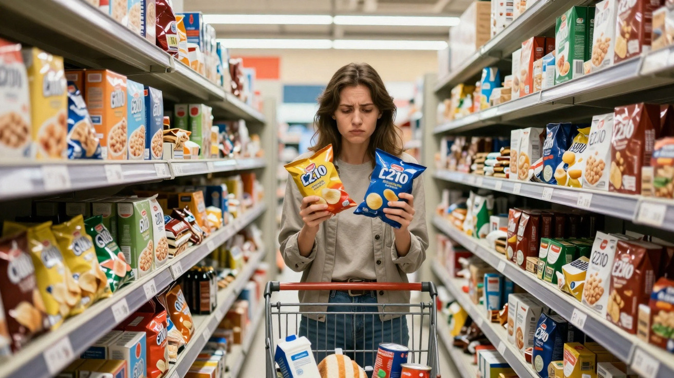 Mulher no supermercado compara duas embalagens de batatas fritas enquanto faz compras num corredor de mercearia.