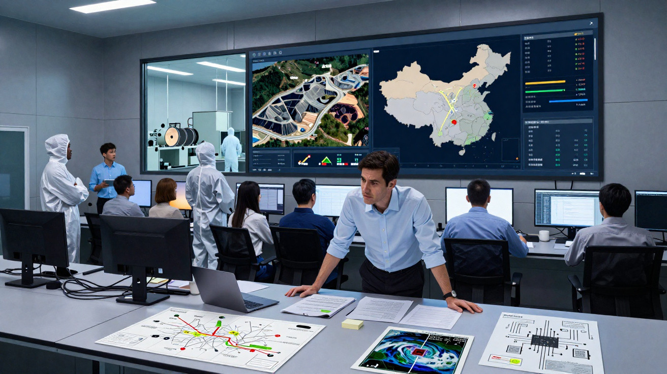 Sala de controlo tecnológica com pessoas a analisar mapas e dados em vários ecrãs e papéis numa mesa.