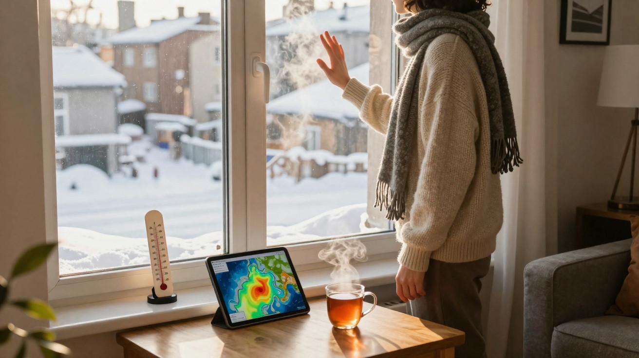 Pessoa de suéter e cachecol a olhar pela janela para a paisagem de neve com chá quente e tablet à frente.