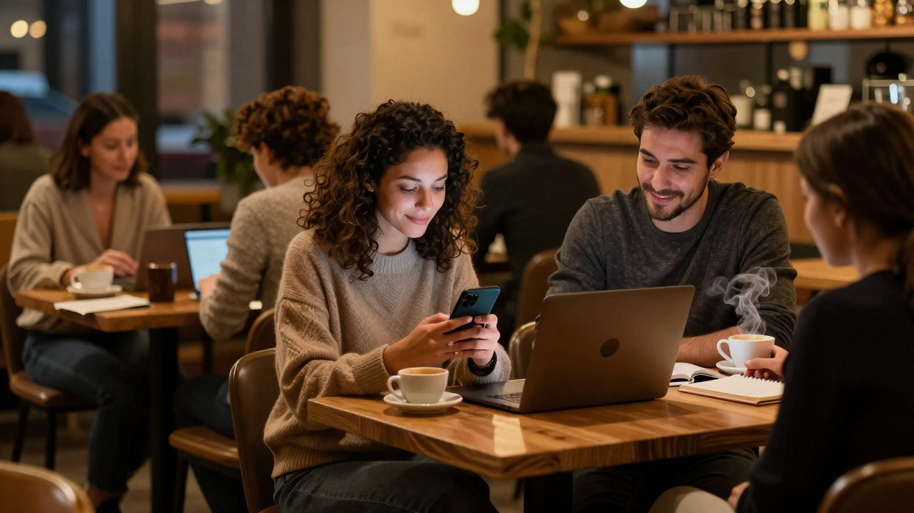 Pessoas a trabalhar e a usar telemóveis num café acolhedor com ambiente descontraído durante a noite.