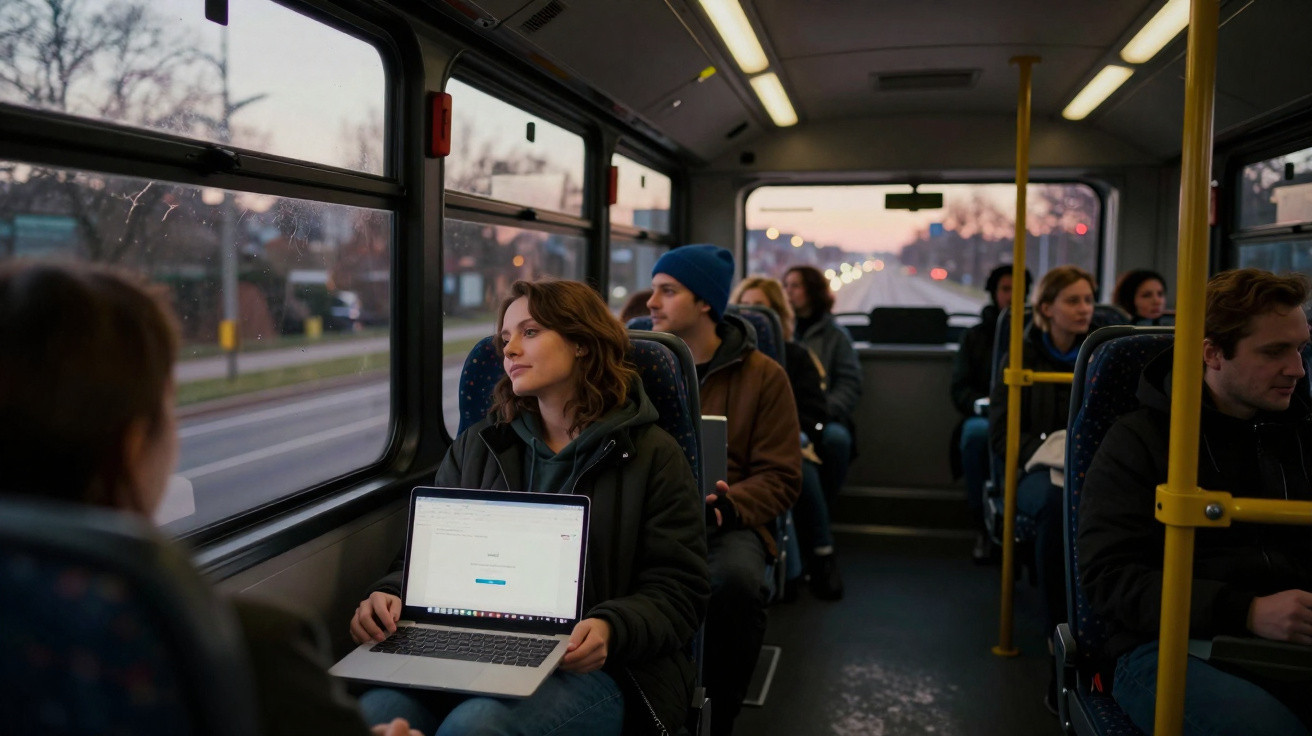 Passageira sentada no autocarro com computador portátil aberto, olhando pela janela ao pôr do sol.