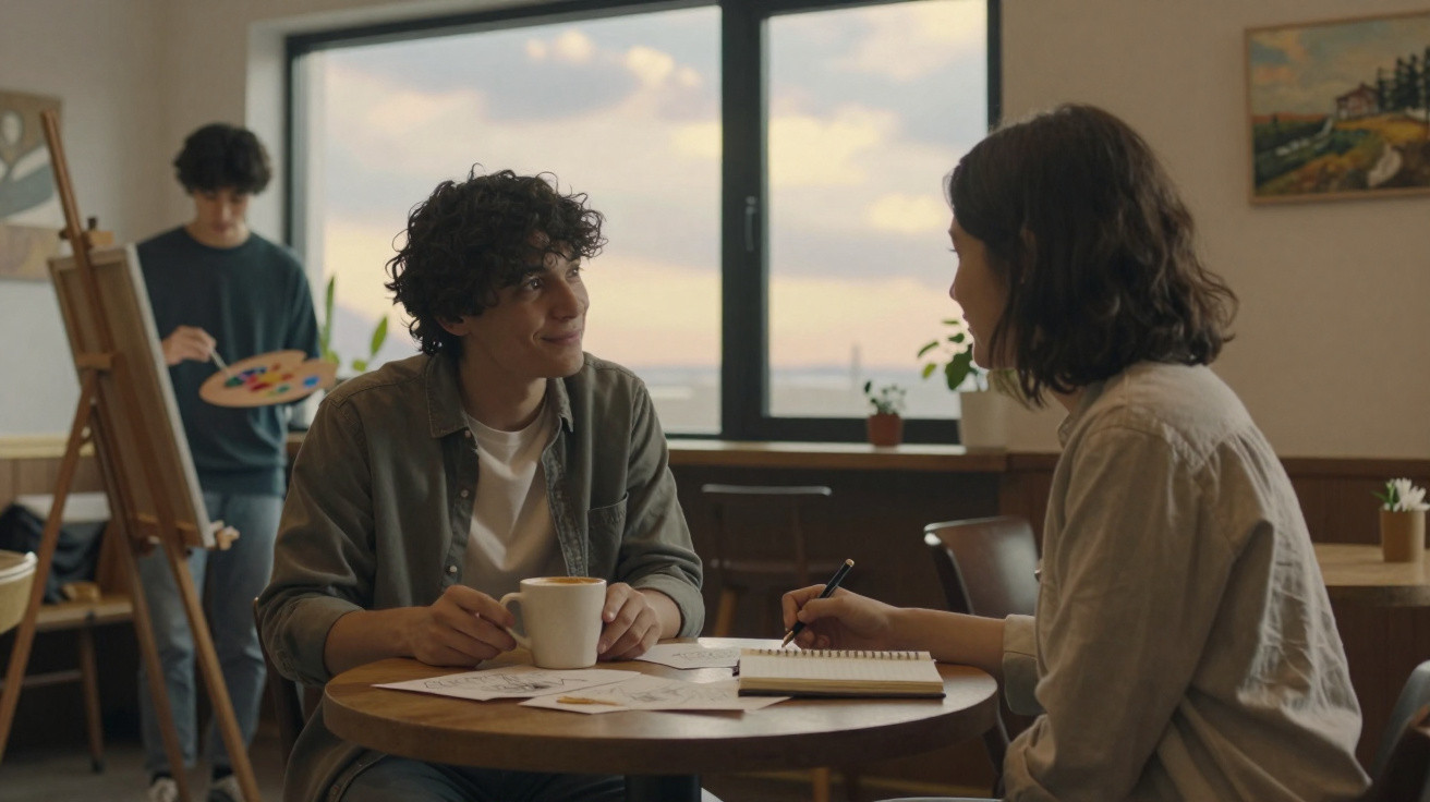 Dois jovens conversam à mesa de café com cadernos, enquanto outra pessoa pinta com cavalete ao fundo.