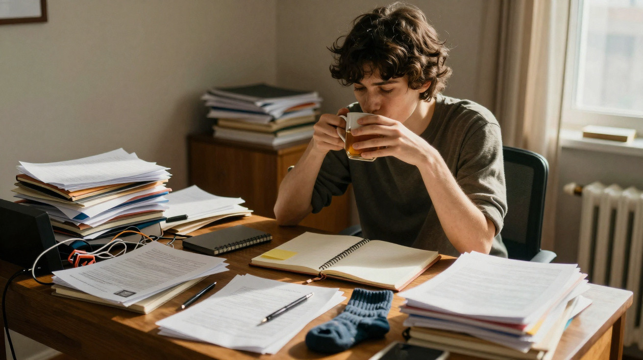 Jovem sentado a estudar numa mesa cheia de papéis, livros e caderno, a beber chá numa chávena transparente.