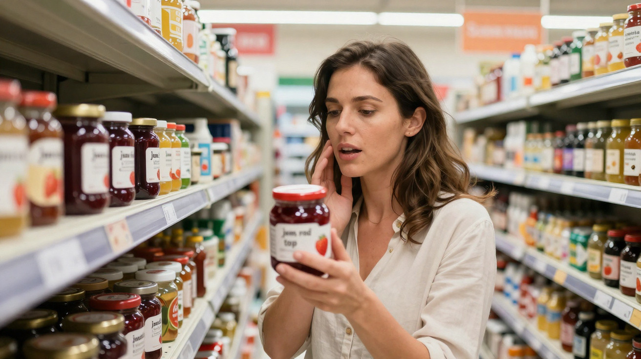 Mulher a ler o rótulo de um frasco de compota num corredor de supermercado cheio de produtos semelhantes.