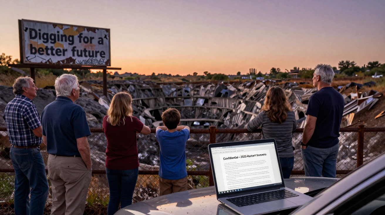 Seis pessoas observam uma grande cratera durante o pôr do sol, com um cartaz a dizer "Digging for a better future".