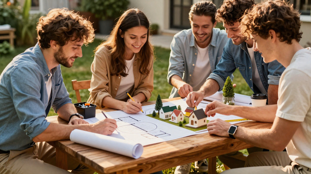 Grupo de cinco jovens colaborando num projeto de arquitetura com plantas e maquetes ao ar livre.