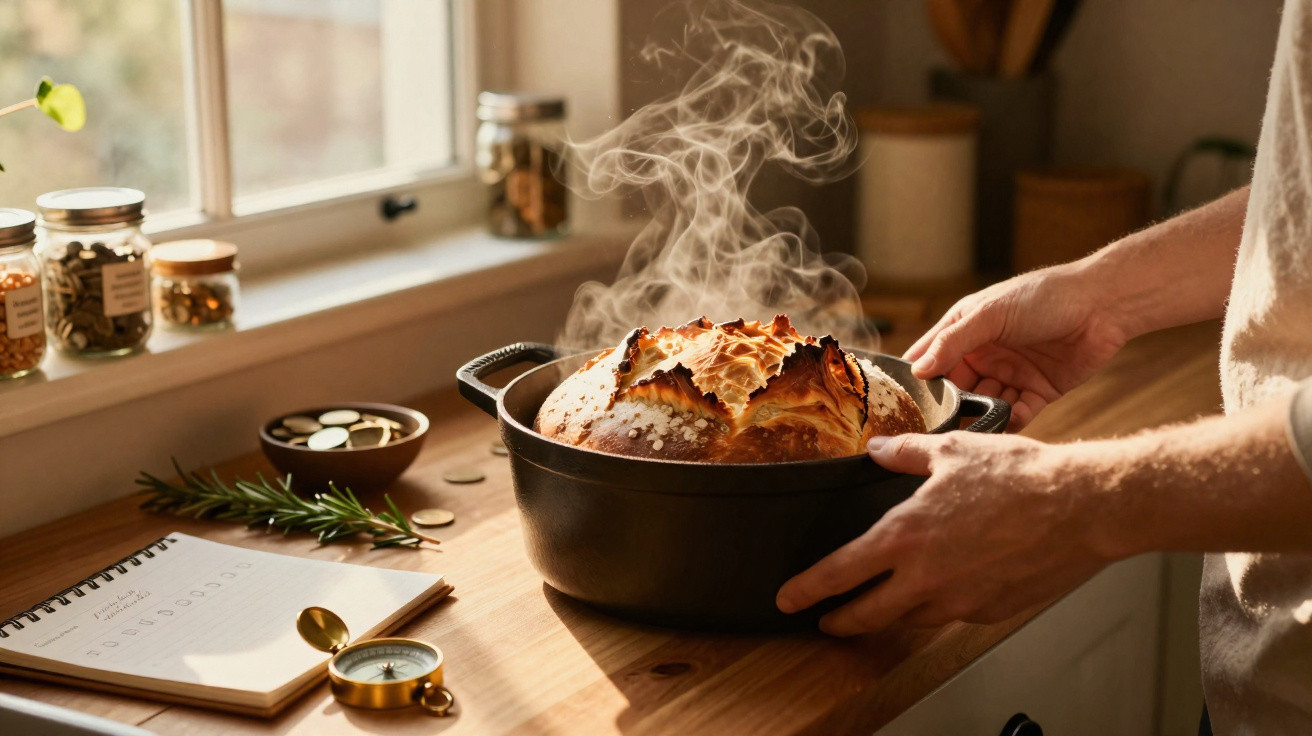 Pessoa a tirar pão quente a fumegar num tacho preto numa cozinha com luz natural junto à janela.