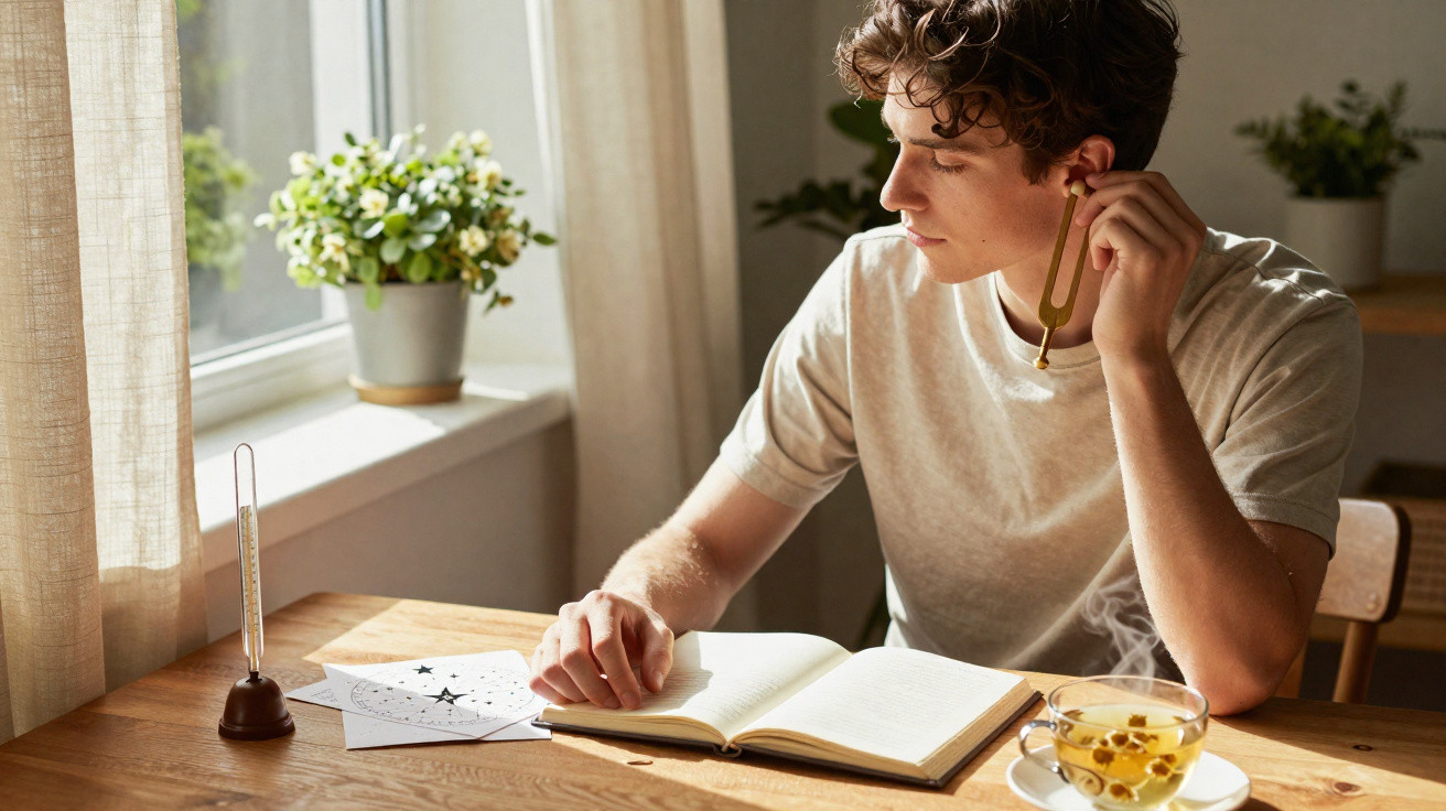 Jovem sentado à mesa a estudar com diapasão, livro aberto e chá quente num ambiente iluminado pela janela.