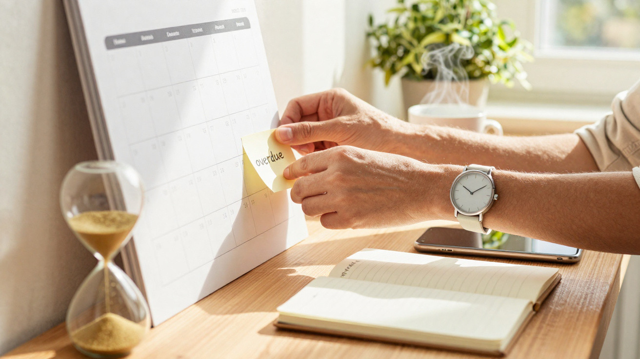 Mãos a colocar nota amarela com "overdue" num calendário, com ampulheta, caderno e planta ao fundo.