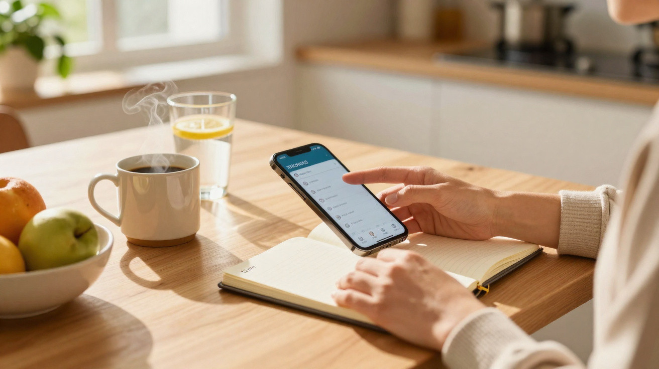 Pessoa a ver o telemóvel com app aberta, ao lado de caderno, chá quente e copo de água com limão numa mesa wooden.