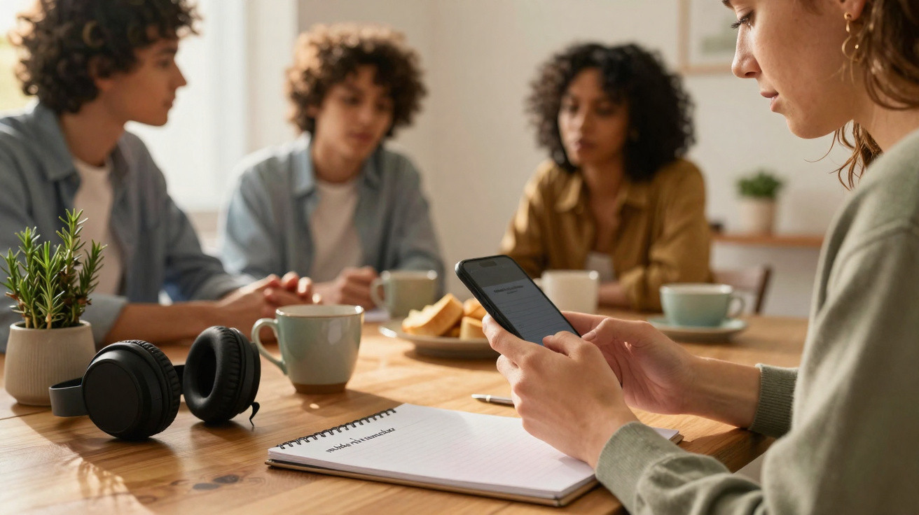 Grupo de jovens sentados à mesa com caderno, telemóvel e auscultadores durante conversa informal.