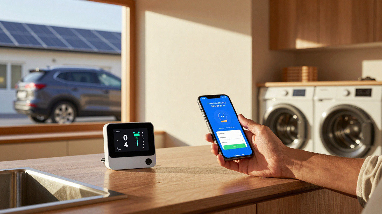 Mão a utilizar smartphone com app de monitorização ao lado de dispositivo digital em cozinha moderna com lava roupa ao fundo.