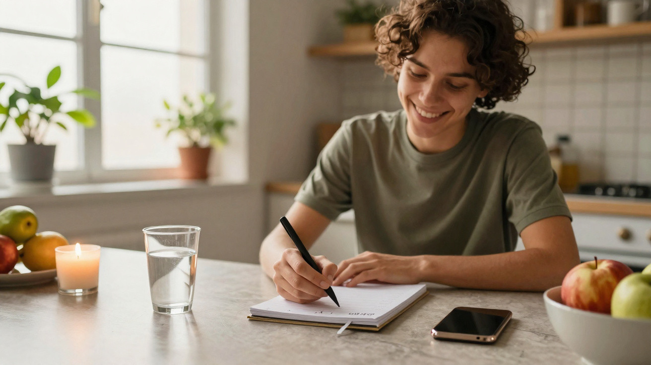 Jovem sorridente a escrever num caderno enquanto está sentado à mesa na cozinha, com frutas e vela.