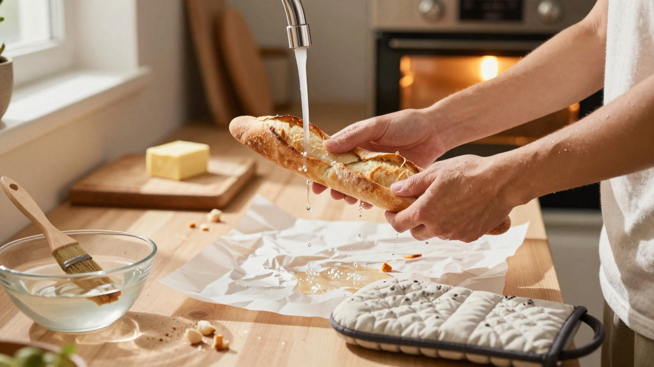 Pessoa a molhar um pão baguete debaixo de água na cozinha ensolarada.