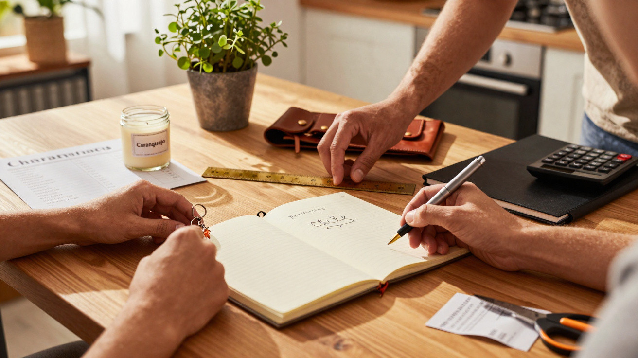 Duas pessoas a planear gastos à mesa com caderno, caneta, calculadora, régua e plantas.