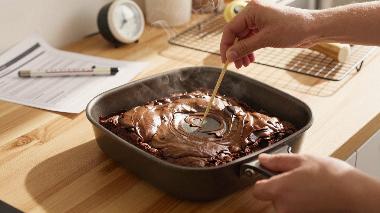 Mãos a mexer um bolo de chocolate ainda quente numa forma quadrada na bancada de madeira da cozinha.