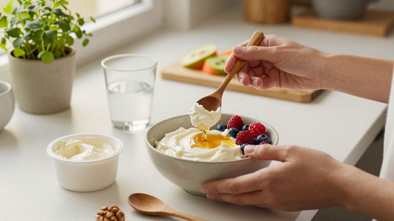 Pessoa a colocar mel num prato com iogurte, frutos vermelhos e mirtilos num ambiente de cozinha luz natural.