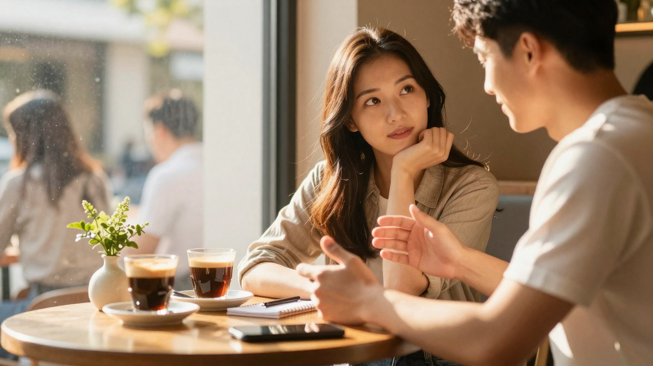 Casal jovem conversa num café, com duas chávenas de café e um caderno na mesa redonda junto à janela.