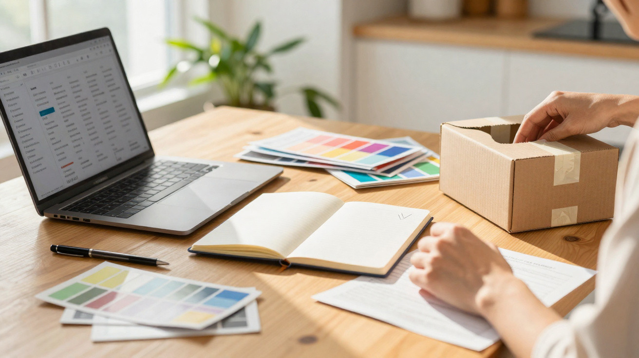Mesa de trabalho com portátil, amostras de cores, caderno aberto e pessoa a embalar uma caixa de cartão.