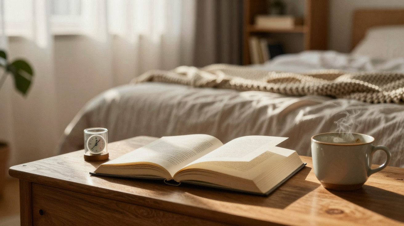 Livro aberto, chá quente e relógio sobre mesa de madeira em quarto acolhedor e iluminado pela luz natural.
