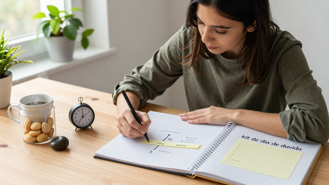 Mulher a estudar e a escrever num caderno aberto, com relógio, chá e bolachas numa mesa perto da janela.
