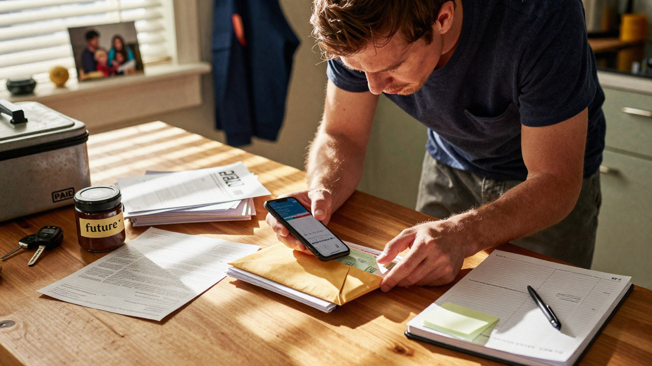 Homem a organizar correspondência e a consultar algo no telemóvel numa mesa com documentos e um bloco de notas.