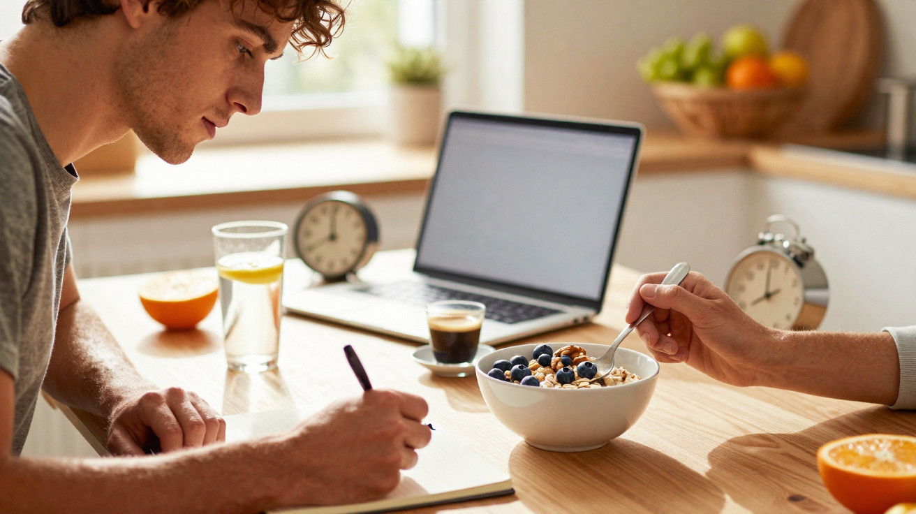 Homem a escrever num caderno enquanto outra pessoa come cereais com frutos vermelhos, com computador e relógios na mesa.
