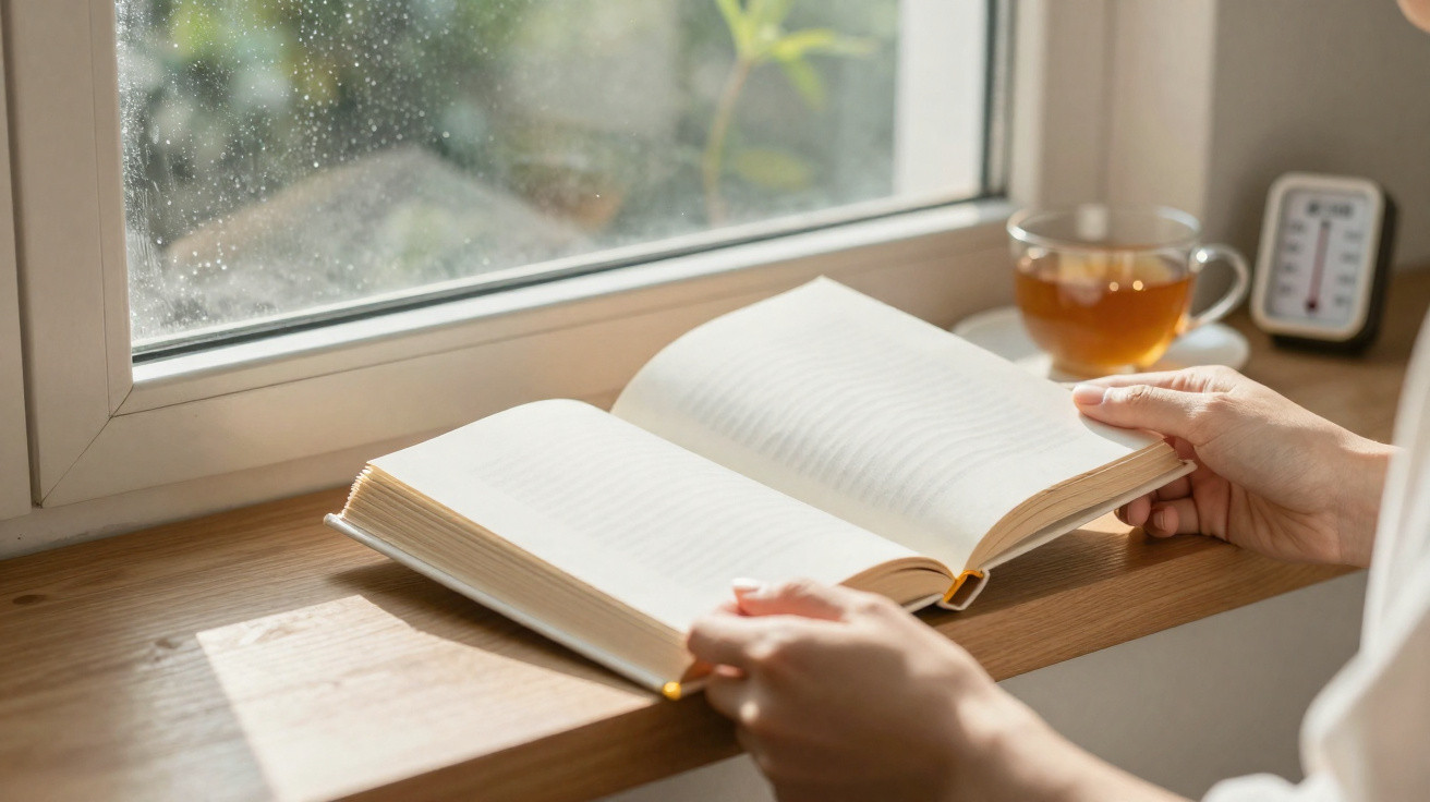 Pessoa a ler um livro junto à janela com gotas de chuva, chá numa chávena e termómetro na mesa.