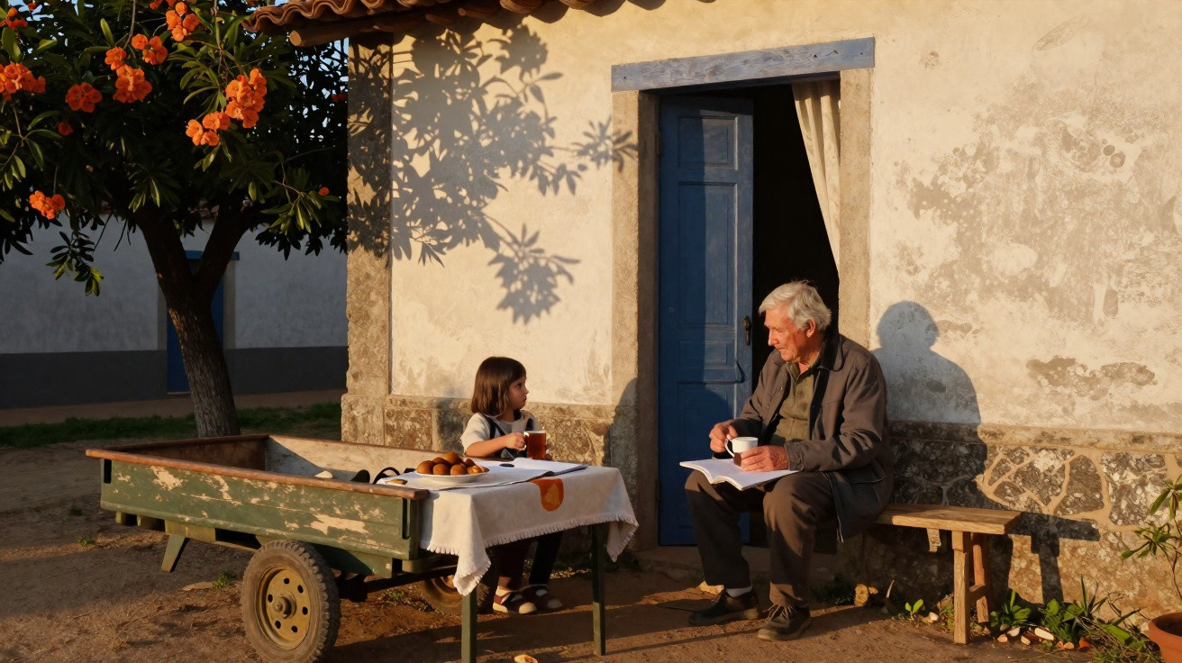 Criança e idoso sentados à mesa improvisada junto a uma casa rústica numa tarde soalheira.