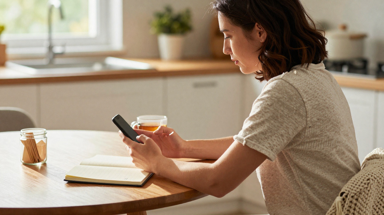 Mulher sentada à mesa da cozinha a usar telemóvel com chá e caderno à frente.