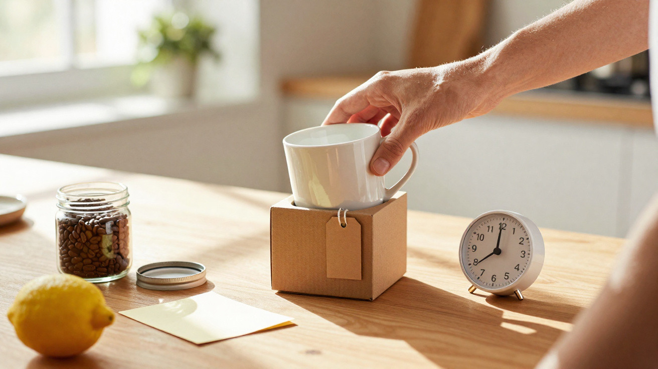 Mão a colocar chávena branca numa caixa de presente em madeira com limão, relógio e frasco de café ao lado.