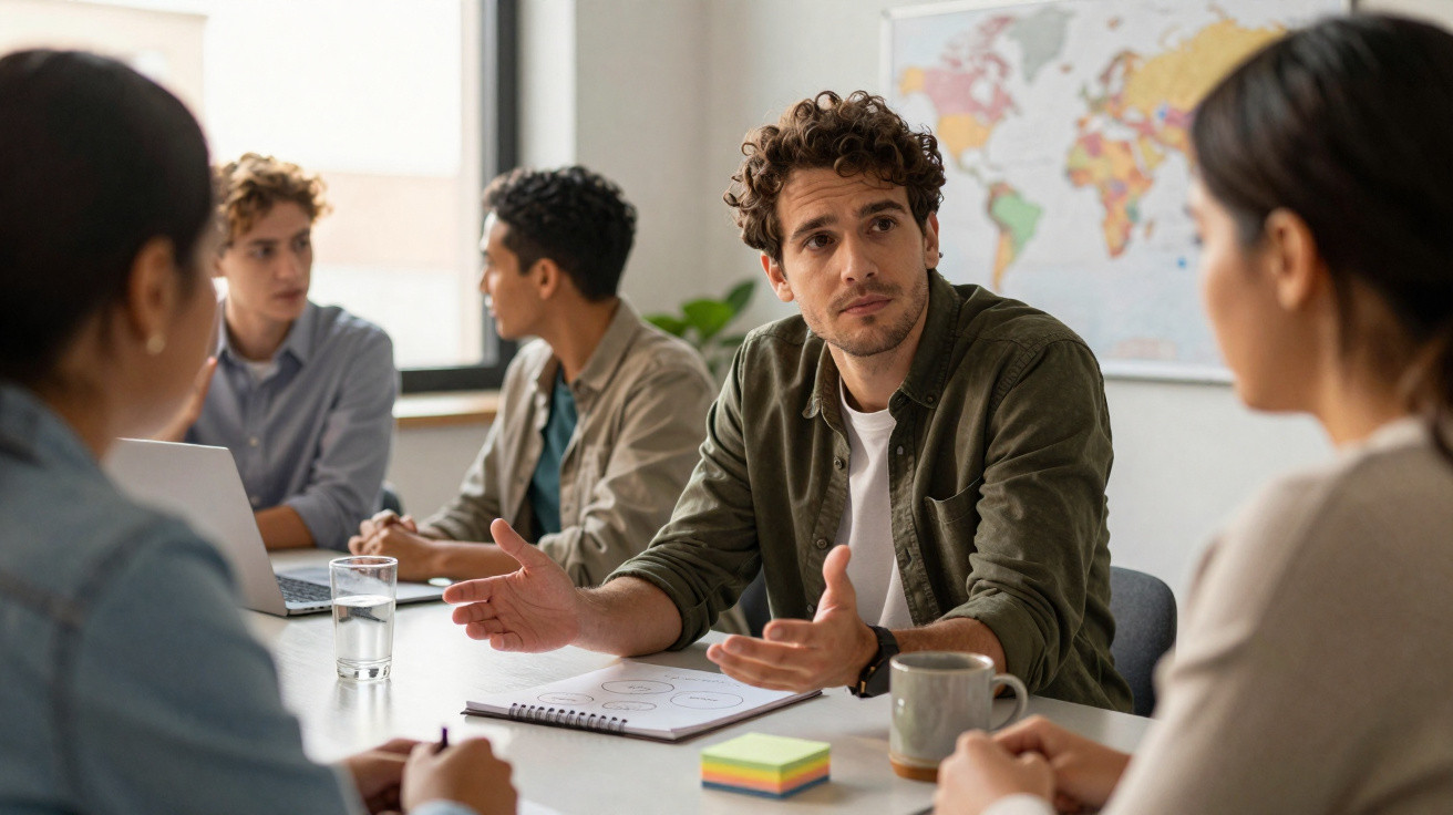 Jovens profissionais reunidos à mesa de reunião a discutir ideias com expressões atentas e envolventes.