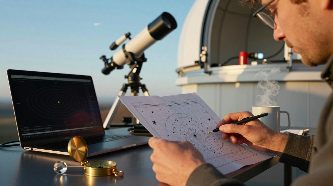Pessoa a analisar mapa estelar com computador, telescópio e bússola numa mesa ao ar livre.