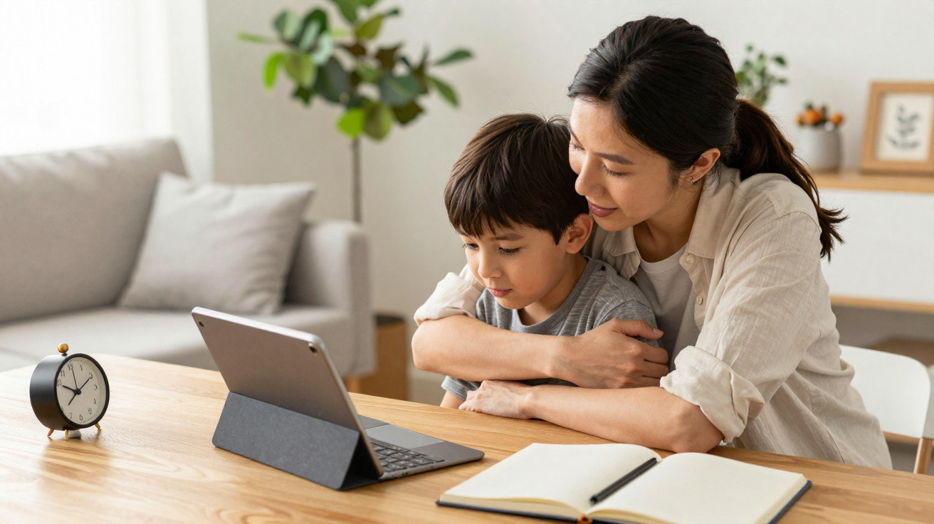 Mãe a ajudar filho com tablet numa sala iluminada, com caderno aberto e despertador na mesa.