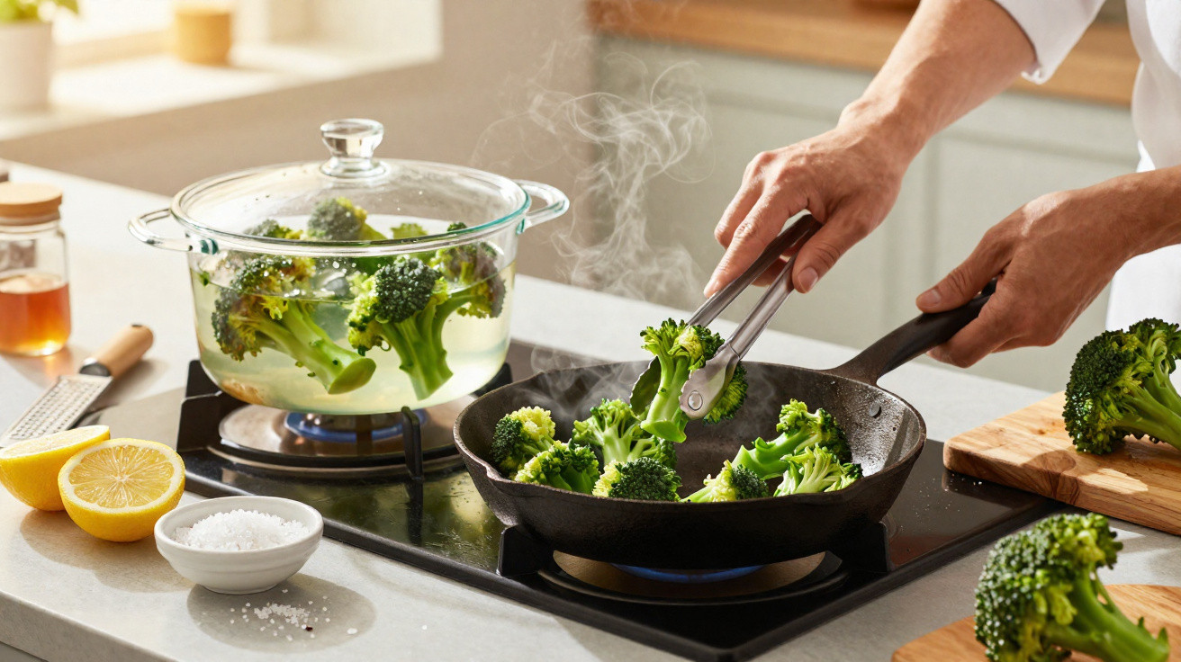 Pessoa a cozinhar brócolos a vapor e numa frigideira numa cozinha moderna clara.