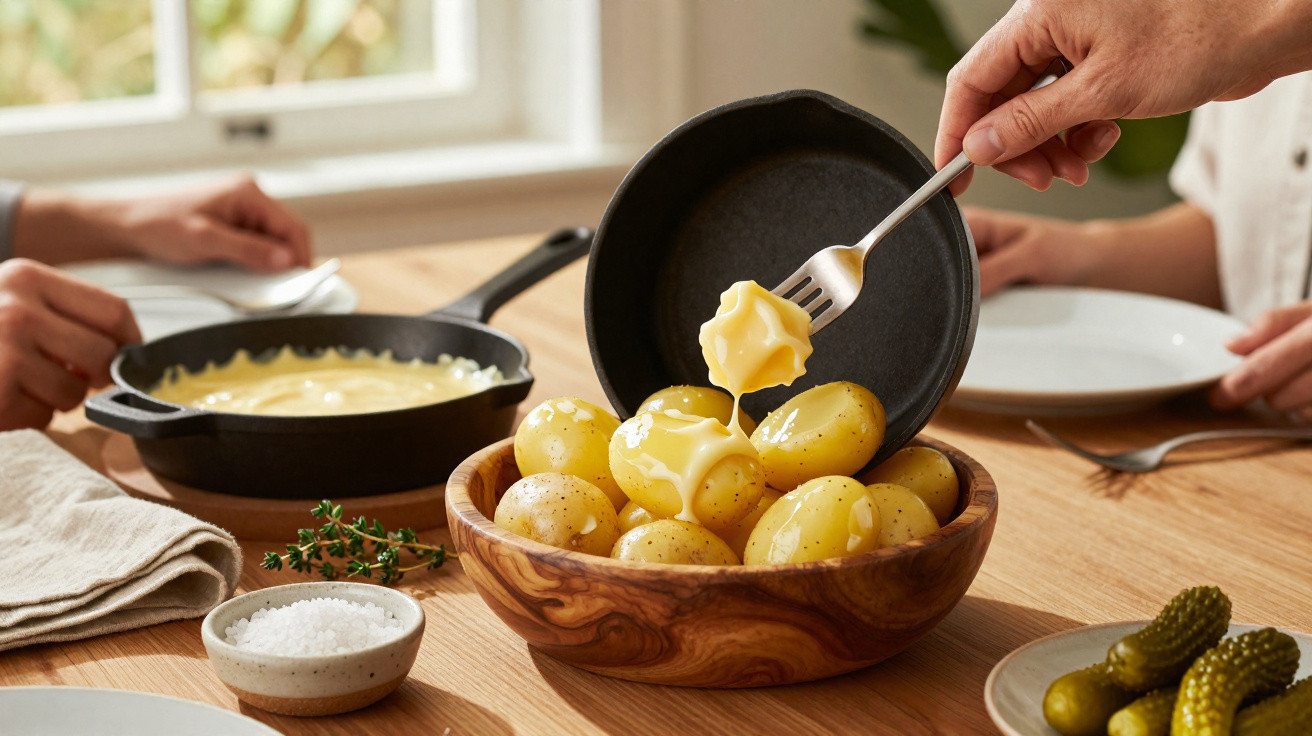 Batatas novas com molho de queijo, sal e pepinos pequenos numa mesa de madeira, com pessoas à volta.