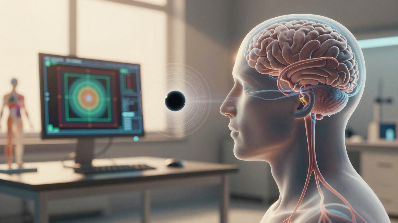 Ilustração de cérebro humano e sistema nervoso em perfil com foco em monitor e objeto flutuante.