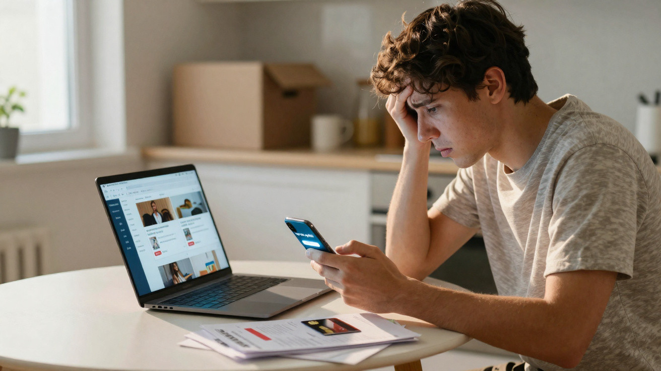 Jovem preocupado sentado à mesa a olhar para o telemóvel com portátil aberto e documentos à sua frente.