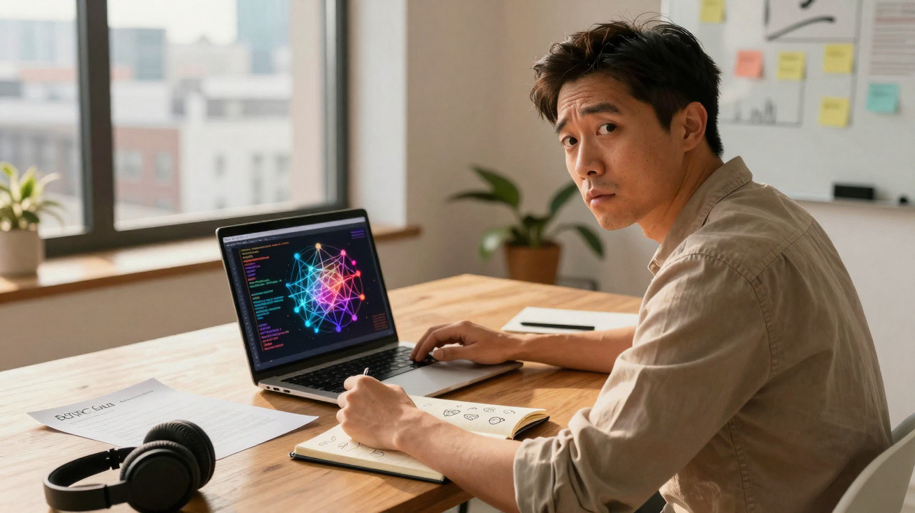 Homem a trabalhar num projeto de programação com visualização gráfica num computador portátil numa mesa de escritório.