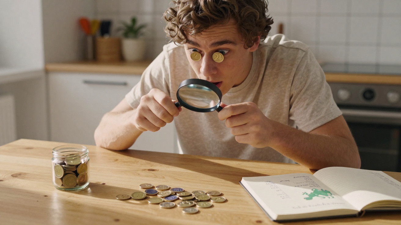 Homem jovem com moedas nos olhos usa lupa para examinar moedas sobre a mesa com jarro e livro aberto.