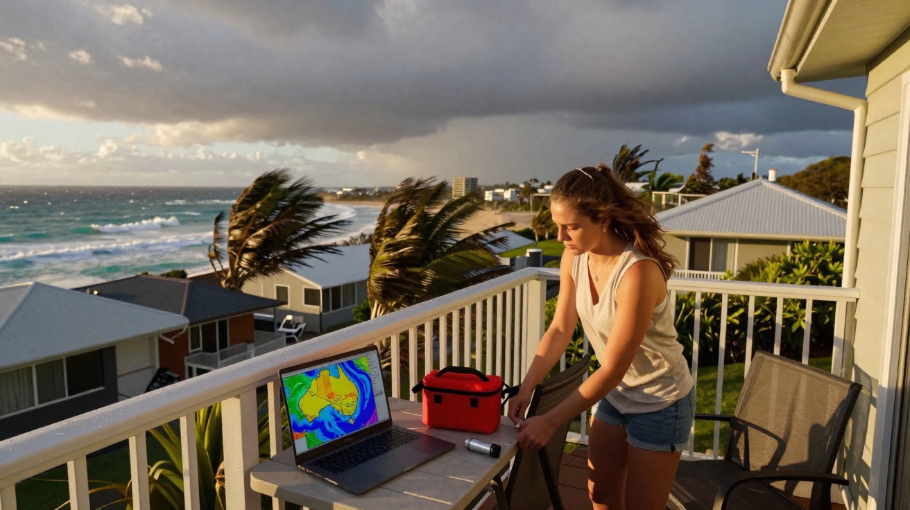 Mulher numa varanda junto ao mar com um portátil a mostrar um mapa meteorológico e vento forte.