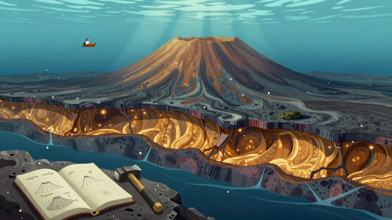 Ilustração de um vulcão com corte transversal mostrando lava, barco no mar e livro com estudo geológico.