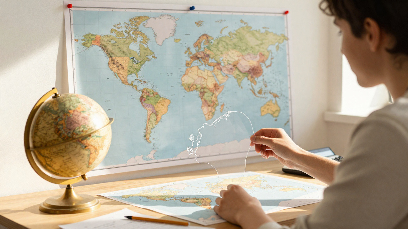 Pessoa a traçar fronteiras num mapa, com globo terrestre e mapa-múndi na parede à frente.