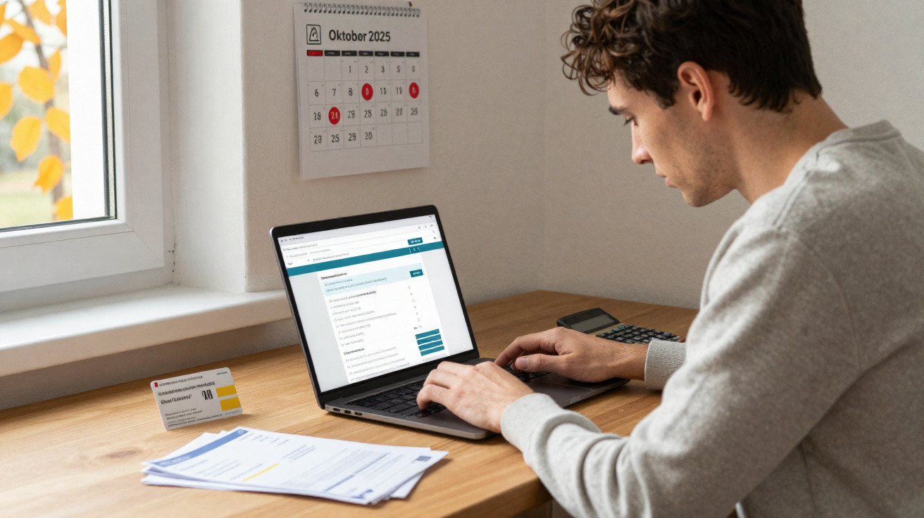 Homem sentado a trabalhar num portátil numa secretária com documentos e calendário de outubro 2025 na parede.